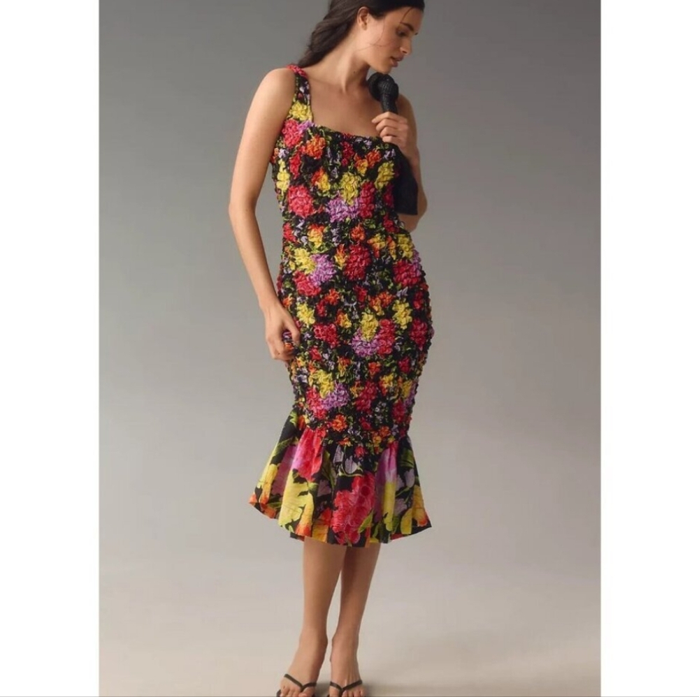 NWT Anthropologie Yukiko Noritake Square-Neck Pebble Smocked Dress Women's S/M